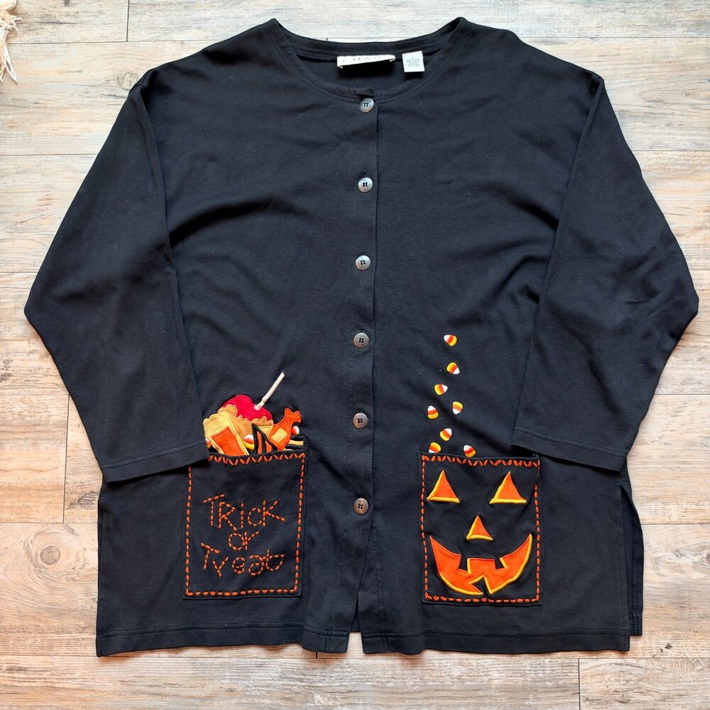 Vintage Halloween Cardigan Chaus 3XL Black Trick or Treat Pumpkin Candy Y2K